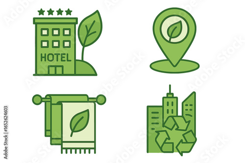 Eco hotel and sustainable tourism green line icon set. Concepts for green travel, urban recycling, towel reuse, and eco friendly location pin for the hospitality industry.
