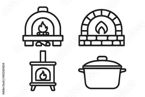 Rustic Oven Icon Set of 4, Outline Vector Illustration Featuring Wood-Fired Oven, Brick Oven, Cast Iron Stove, Stone Hearth, and Dutch Oven for Cooking and Heating