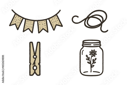 Rustic Icon Set of 4, Outline Vector Illustrations Including Burlap Bunting with Texture, Twine String, Wooden Clothespin, Mason Jar with Wildflower, Country Style Craft Elements