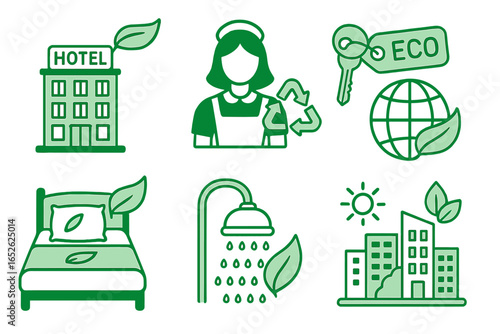 Eco-friendly hotel and sustainable tourism icon set. Green hospitality symbols for environment conservation, recycling, and water saving. Vector graphic for green city travel.