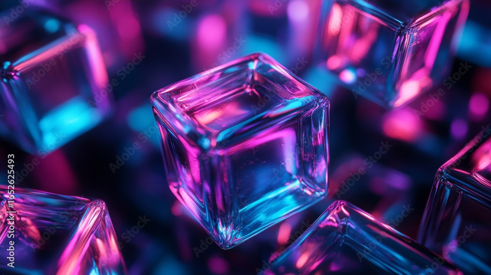 Iridescent Crystal Cubes Emitting a Spectrum of Purple and Blue Hues in a Digital Realm Iridescent Crystal Cubes Emitting a Spectrum of Purple and Blue Hues in a Digital Realm