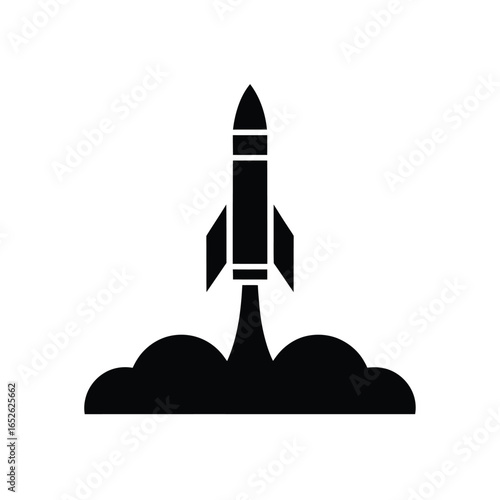Black silhouette of a rocket launching with smoke on a white background space spacecraft