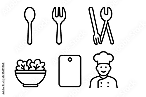 Salad Utensil Icons. Outline icon set of salad bowl, wooden spoon, fork, tongs, chopping board, and chef. Vector illustration on transparent background. Kitchen tools, cooking, food preparation