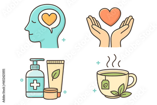 Health and wellness icon set. Self-care routine, mental health awareness, and relaxation concepts. Vector icons of head with heart, hands care, skincare cosmetics, herbal tea.