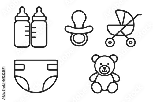 Baby items line icon set. Newborn essentials collection. Minimalist outline vector pictograms for infant care. Includes feeding bottle, pacifier, stroller, diaper, teddy bear.