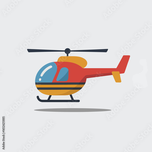 Cartoon red and yellow helicopter with blue windows on a white background aviation