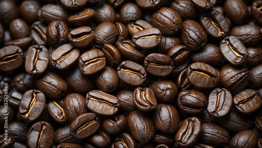 Obraz premium Close-up of aromatic brown coffee beans just roasted