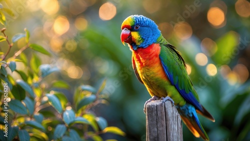 Bright rainbow lorikeet perched amidst garden stakes