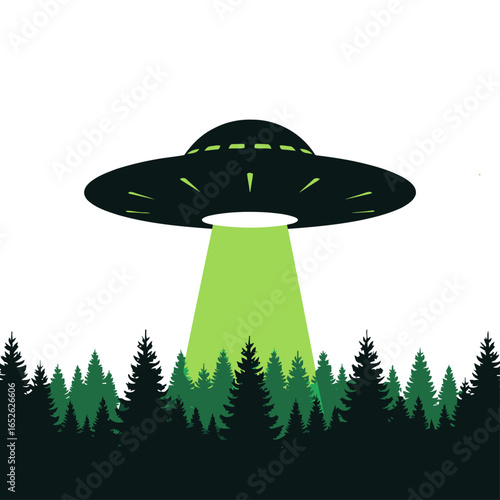 A UFO flying saucer hovers over a dark pine forest, shining a bright green tractor beam downwards.