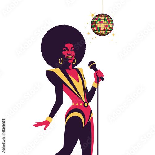 A retro graphic of a stylish Black woman with a large afro singing under a sparkling disco ball.