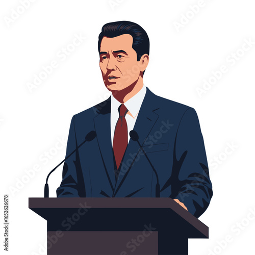 An illustration of a male politician in a dark suit and red tie giving a speech at a podium with microphones.