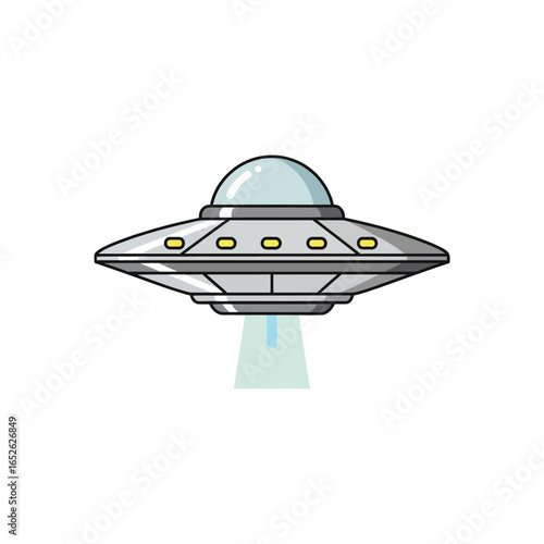 A classic cartoon flying saucer with a glass dome and yellow lights, emitting a light beam from below.