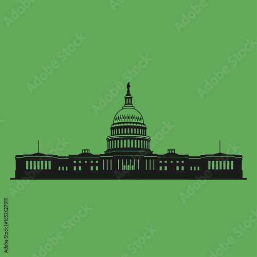 A black silhouette illustration of the United States Capitol building on a solid green background.