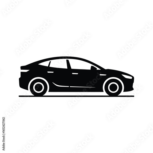 Black silhouette icon of a sleek modern sedan car on a white background transportation