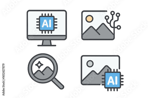 Artificial intelligence icon set for image enhancement and processing. AI technology for photo upscaling, generation, and analysis. Machine learning and neural network symbols.