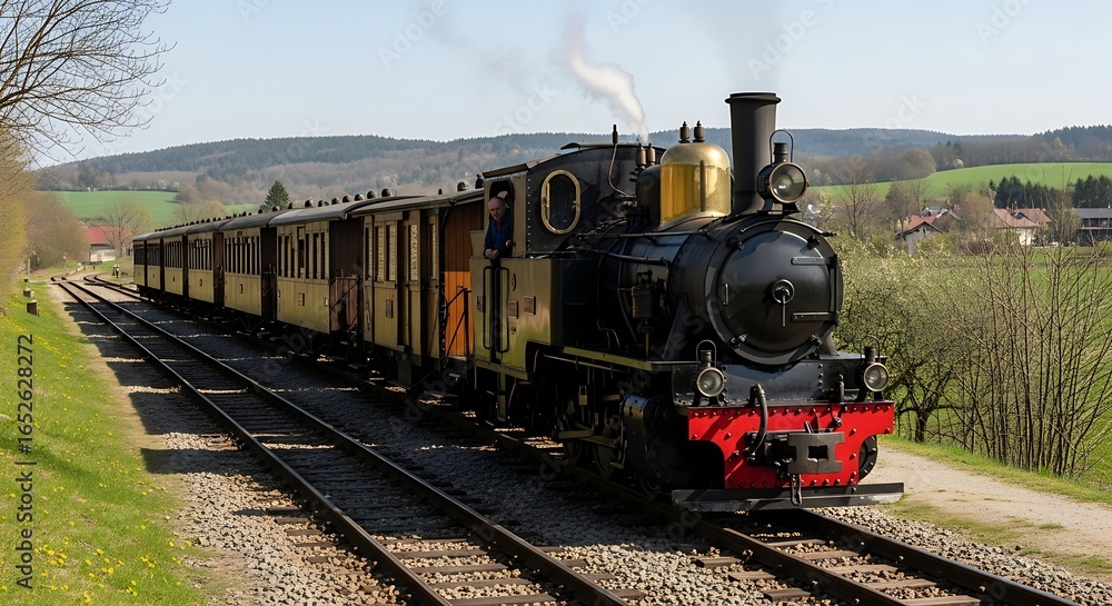 Obraz premium Vintage Steam Train on Tracks Through Green Landscape