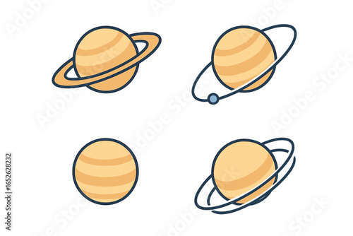 Isometric Flat Icon Set of Saturn with Rings and Orbital Paths, Illustrations of Gravitational and Orbital Characteristics, Oblate Spheroid Planet Vector on Transparent Background