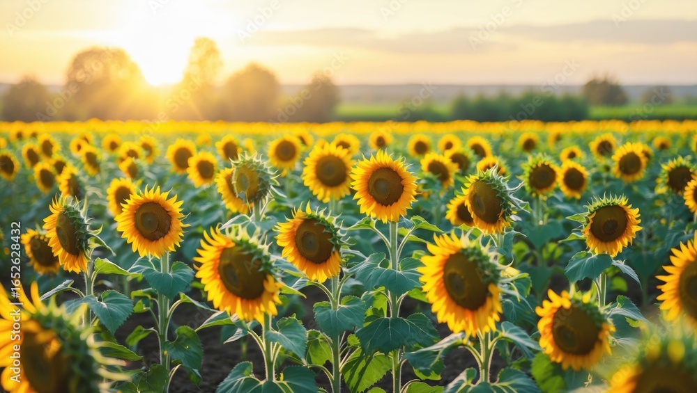 Fototapeta premium Sunflower landscape at sunrise