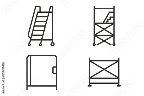 Scaffold Icon Set of 4. Outline Vector Icons of Scaffold Access and Work Platforms including Mobile Ladder, Stair Tower, Access Gate, and Toeboard. Industrial Safety and Construction Equipment Symbols