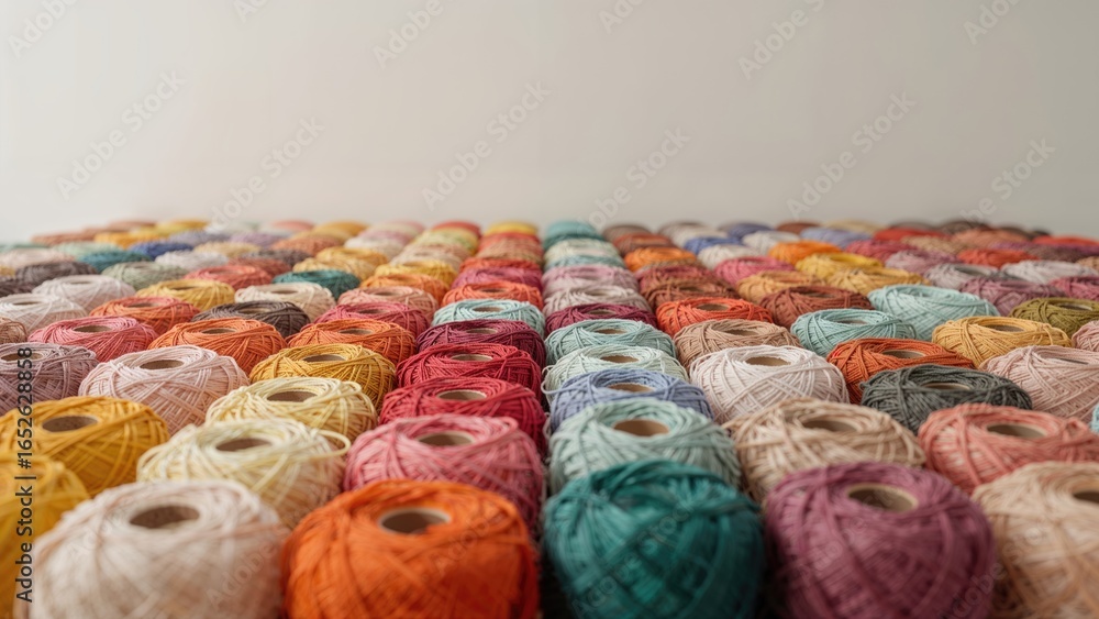 Fototapeta premium A variety of fiber spools organized by hue, highlighting home and fashion themes
