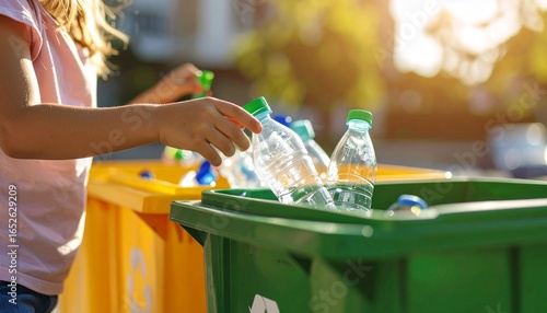 Wallpaper Mural Woman Sorting Plastic Bottles into Recycling Bins in Bright Sunlight with Focus on Environmental Action Torontodigital.ca