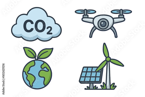 Environmental icon set for green technology, ecology, and sustainability. Vector cartoon symbols of CO2 emissions, drone monitoring, renewable energy, solar panels, and wind turbines.
