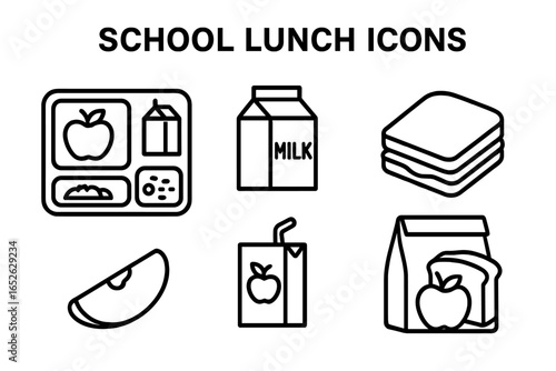 School Lunch Icons Vector Set, Outline Style Cafeteria Tray, Milk Carton, Sandwich, Apple Slice, Juice Box, Lunch Bag, Kids Food Illustration, Transparent Background