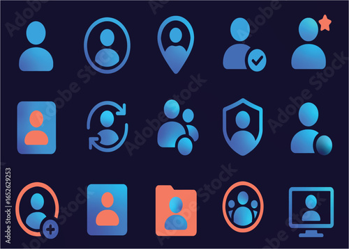 Editable Stroke User Profile Icon Set – Line Icons of Individuals, Groups, Verification, Security, and More in Blue and Orange for UI, Access Control, and Digital Identity