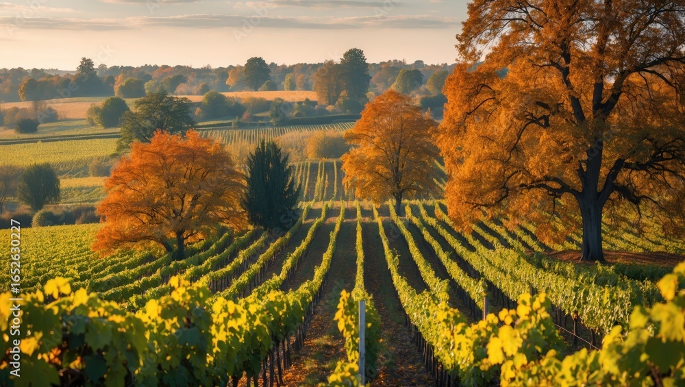 Naklejka premium Countryside scenery showcasing agricultural fields and vineyard plants