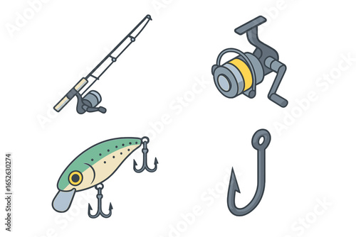 Fishing equipment icons set with fishing rod, reel, lure, and hook on transparent background, vector illustration of fishing gear and accessories for hobby and leisure