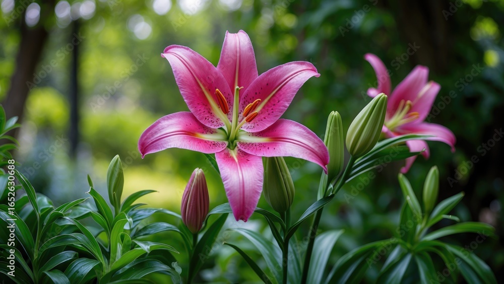 Fototapeta premium Colorful pink lily flourishing amidst greenery