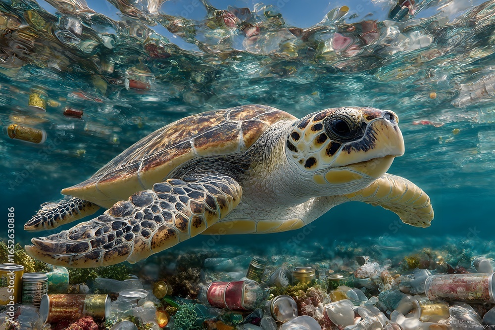 Obraz premium A sea turtle swims through the ocean water, entirely surrounded by plastic pollution and harmful waste materials impacting the world.