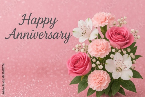 Elegant Floral Display Featuring Pink and White Blooms with a Sparkling Pink Backdrop and Anniversary Wishes