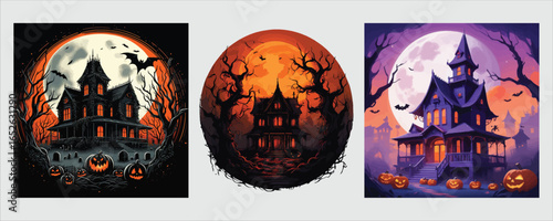 Vector art of eerie haunted house under moonlight
