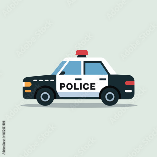 Cartoon police car with red light and POLICE text on white background law enforcement