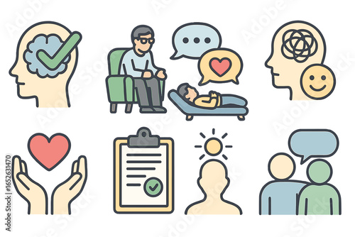 Mental health icon set. Psychology, therapy, counseling vector symbols. Psychotherapy session, brain health, tangled thoughts, emotional support, well-being, and treatment plan.