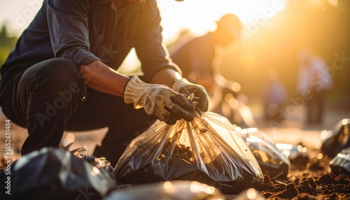 Volunteers picking up litter and trash in a park, promoting environmental cleanup and conservation