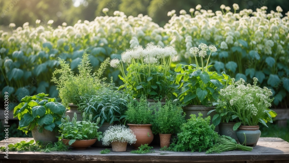 Collection of culinary herbs and plants, highlighting Fagopyrum esculentum and related species Collection of culinary herbs and plants, highlighting Fagopyrum esculentum and related species