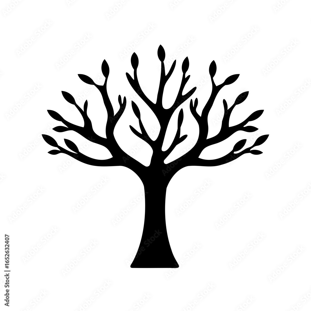 Black silhouette of tree with branches and buds-Minimal black and white illustration of a tree with bare branches and small buds, symbolizing growth, renewal, nature, and ecology Black silhouette of tree with branches and buds-Minimal black and white illustration of a tree with bare branches and small buds, symbolizing growth, renewal, nature, and ecology
