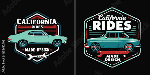 Retro California rides car illustration with vintage typography and garage emblem for classic auto t shirt design