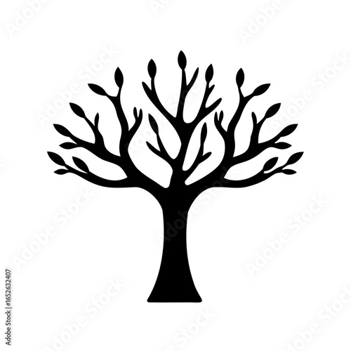 Black silhouette of tree with branches and buds-Minimal black and white illustration of a tree with bare branches and small buds, symbolizing growth, renewal, nature, and ecology
