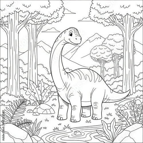 Friendly Diplodocus in forest, monochrome linear picture for coloring book