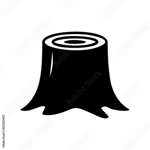 Black silhouette of cut tree stump-Simple black and white illustration of a tree stump with rings, symbolizing forestry, logging, wood, nature, and environmental impact