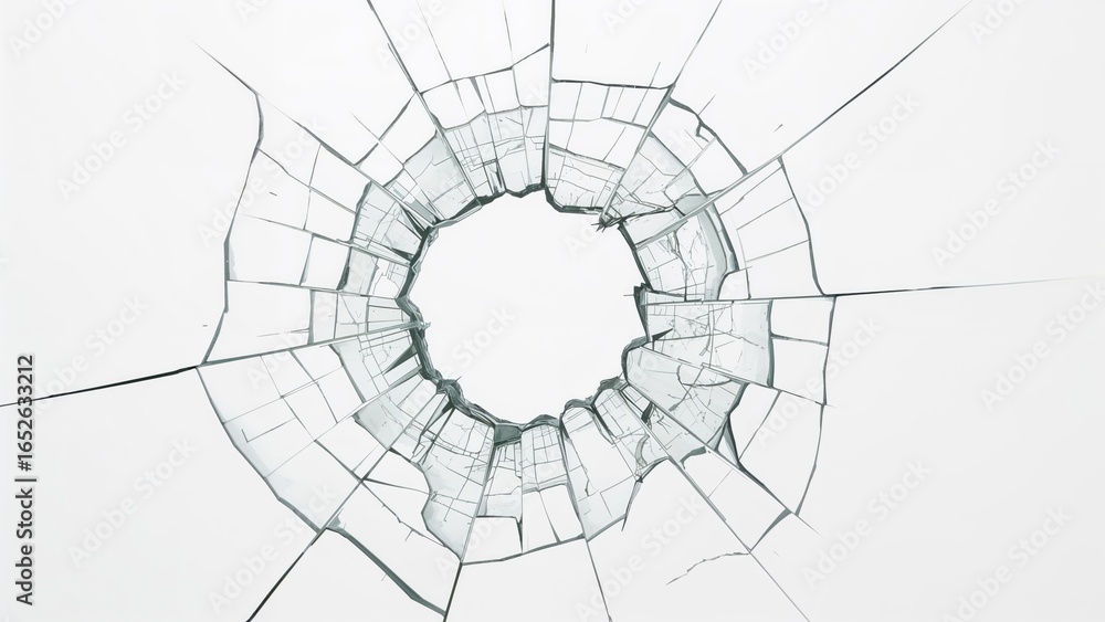 Obraz premium Glass pane with damage and a hole on a plain white background