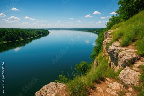 Fototapeta Naklejka Na Ścianę i Meble -  Overlooking a serene lake from the edge of a steep precipice