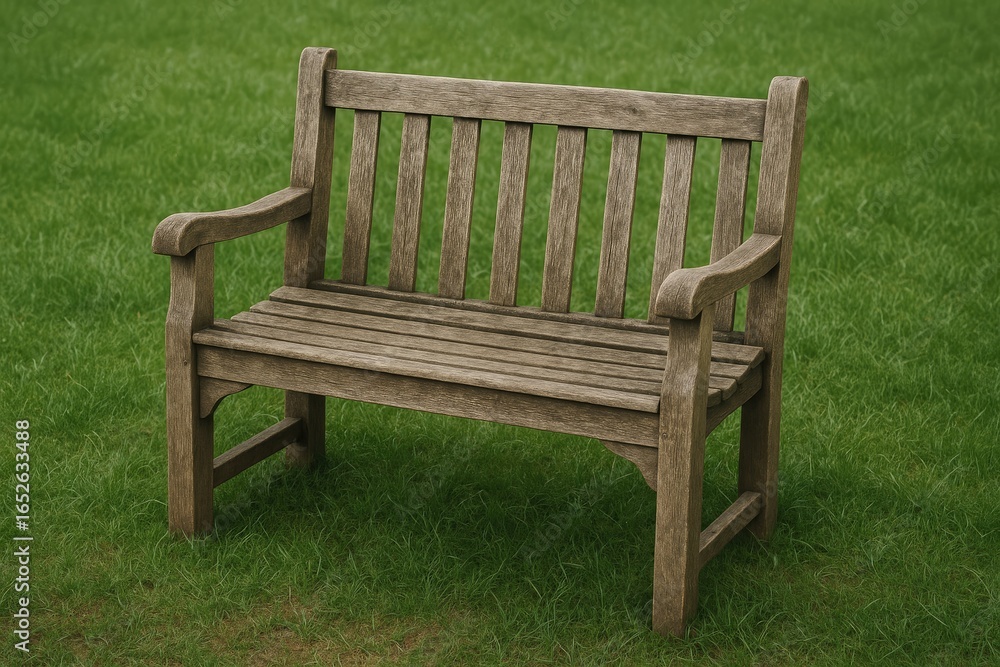 An upright view of an antique wood bench supported by lush grass An upright view of an antique wood bench supported by lush grass