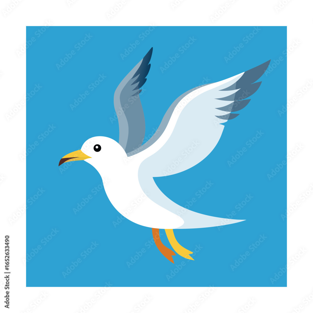 Fototapeta premium Seagull flying with wings spread on blue background