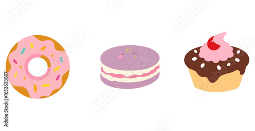 Vector art of donut, macaroon and cupcake on white background
