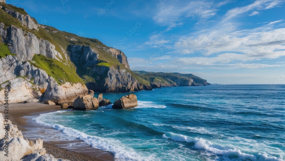 Fototapeta premium Coastal beach scene facing the Cantabrian Sea within the Asturias area