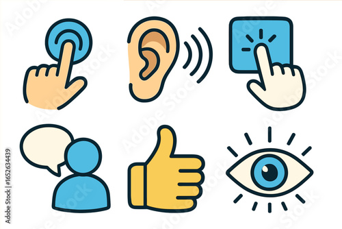 Accessibility icon set for user interface design. UI and UX elements for user engagement. Symbols for senses: sight, hearing, touch, speech. Communication icons.